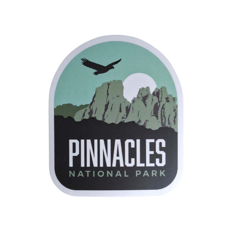 Pinnacles National Park sticker featuring green mountains, a bird silhouette, and bold text on a white background.