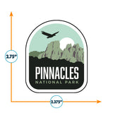 Pinnacles National Park sticker featuring mountains, an eagle silhouette, and a green and black color scheme.