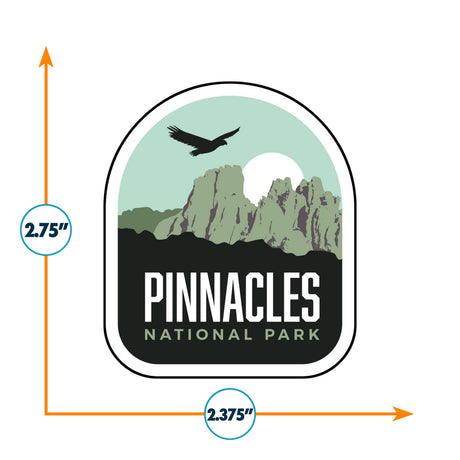 Pinnacles National Park sticker featuring mountains, an eagle silhouette, and a green and black color scheme.