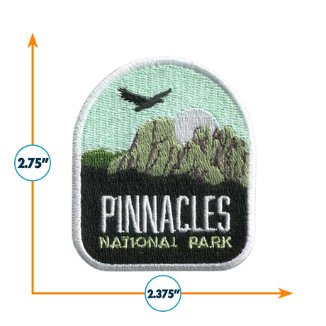 Pinnacles National Park patch featuring mountains, a sun, and an eagle, measuring 2.75 inches by 2.375 inches.