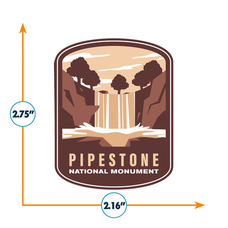 Pipestone National Monument vinyl sticker featuring a waterfall and trees in earthy tones, measuring 2.75 by 2.16 inches.