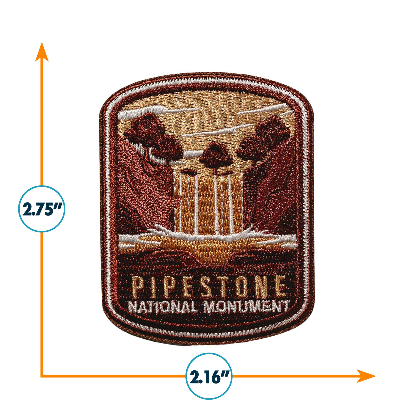 Pipestone National Monument iron-on patch featuring a waterfall and trees in earthy tones, measuring 2.75 by 2.16 inches.