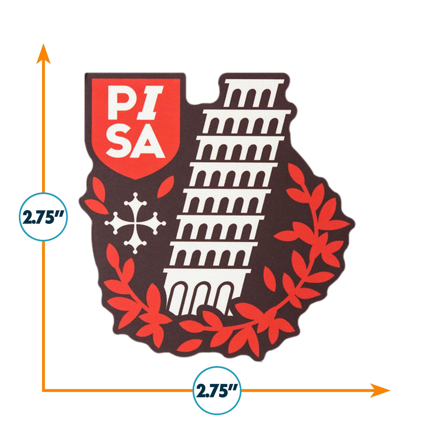 Leaning Tower of Pisa sticker with red and white colors, featuring a shield and decorative leaves, measuring 2.75 inches.