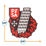 Leaning Tower of Pisa sticker with red and white colors, featuring a shield and decorative leaves, measuring 2.75 inches.