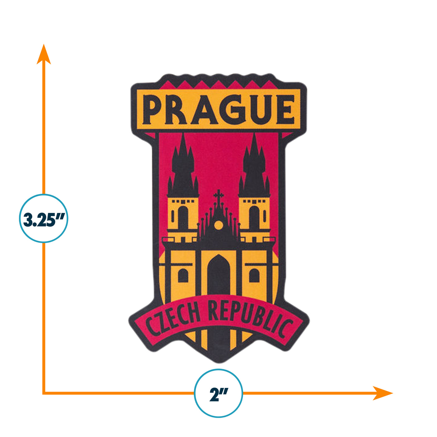 Prague Czech Republic sticker featuring a red and yellow design with gothic towers and text. Measures 3.25" x 2".