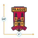 Prague Czech Republic sticker featuring a red and yellow design with gothic towers and text. Measures 3.25" x 2".