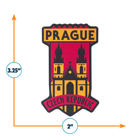 Prague Czech Republic sticker featuring a red and yellow design with gothic towers and text. Measures 3.25" x 2".