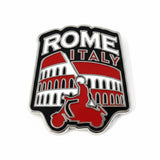Rome Italy enamel pin featuring a red scooter and the Colosseum, with bold text reading "ROME ITALY.