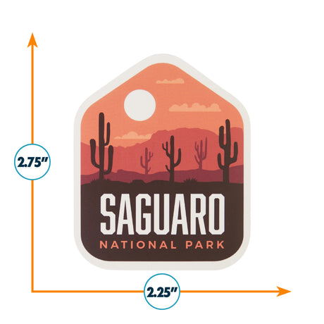 Saguaro National Park sticker featuring cacti and a sunset background, measuring 2.75 inches by 2.25 inches.
