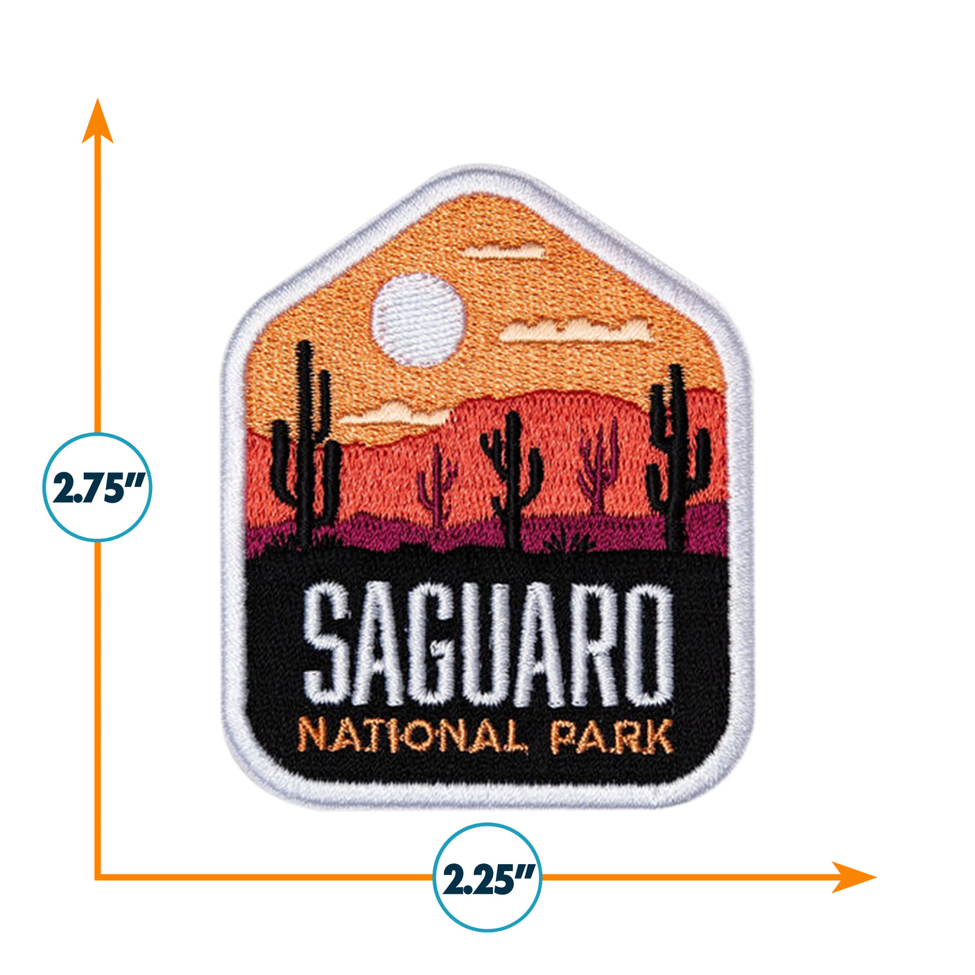Saguaro National Park patch featuring a desert scene with cacti, mountains, and a sun, measuring 2.75 by 2.25 inches.