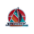 San Diego sticker featuring a colorful sailboat design with red, teal, and orange elements.