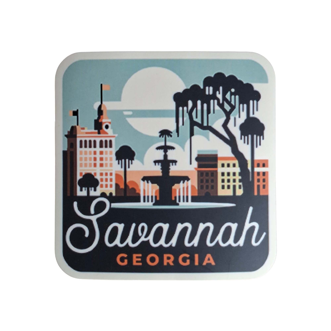 Savannah sticker featuring a fountain, buildings, and trees with a blue sky and sun, labeled "Savannah Georgia.