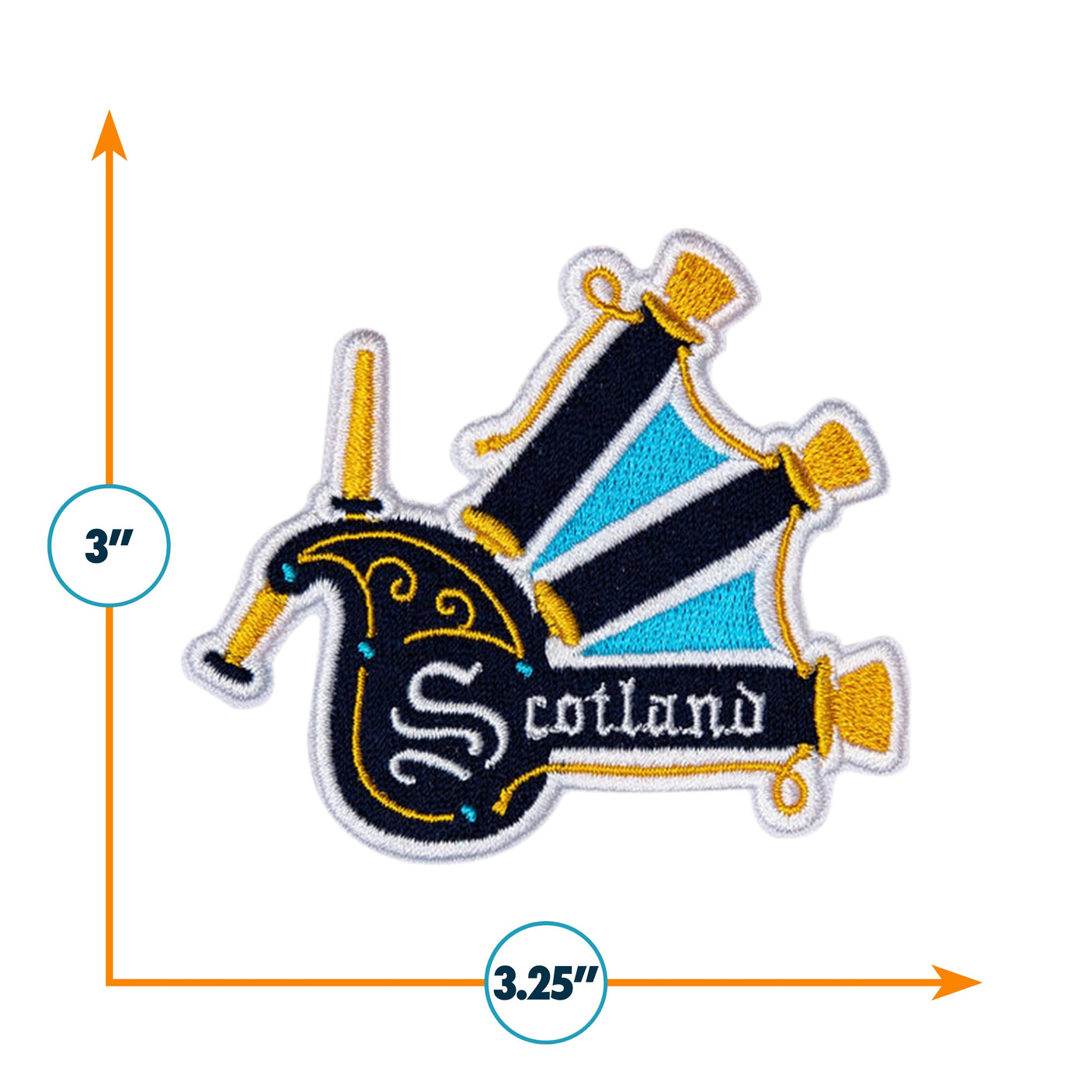 Scotland patch featuring a bagpipe design with blue and yellow accents, measuring 3.25 inches wide by 3 inches tall.