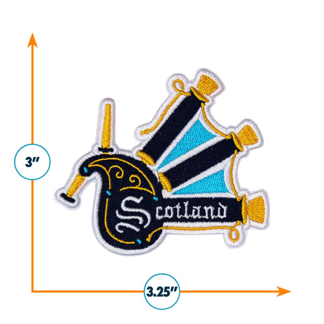 Scotland patch featuring a bagpipe design with blue and yellow accents, measuring 3.25 inches wide by 3 inches tall.