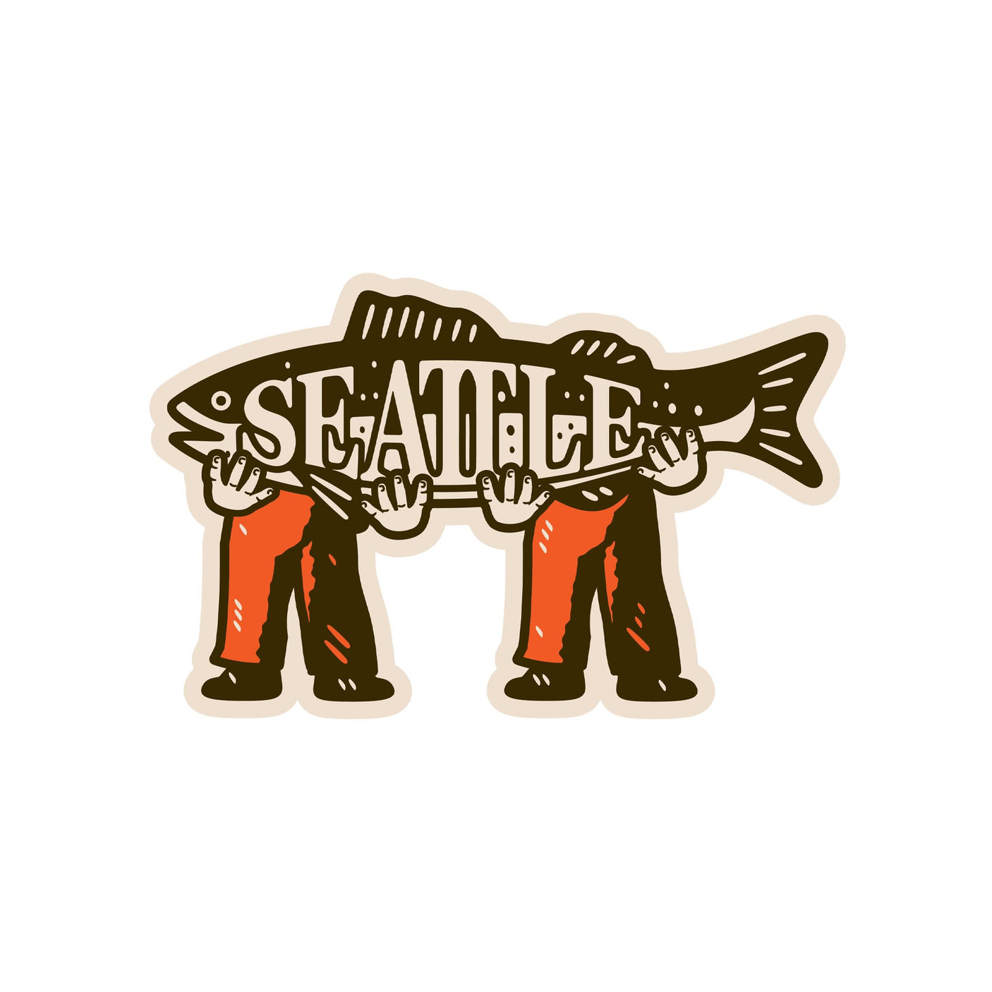 Seattle magnet featuring two hands holding a large fish with the word "Seattle" displayed prominently.