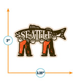 Seattle sticker featuring a large fish held by two hands, with the word "Seattle" in bold letters above.