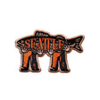 Seattle patch featuring a fish design held by two figures, with orange and black embroidery on a beige background.