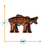 Seattle patch featuring a fish design with orange lettering, measuring 3.25 inches wide and 2 inches tall.