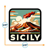 Sicily sticker featuring a volcano, mountains, clouds, and the word "SICILY" in bold letters, measuring 2.75 inches square.
