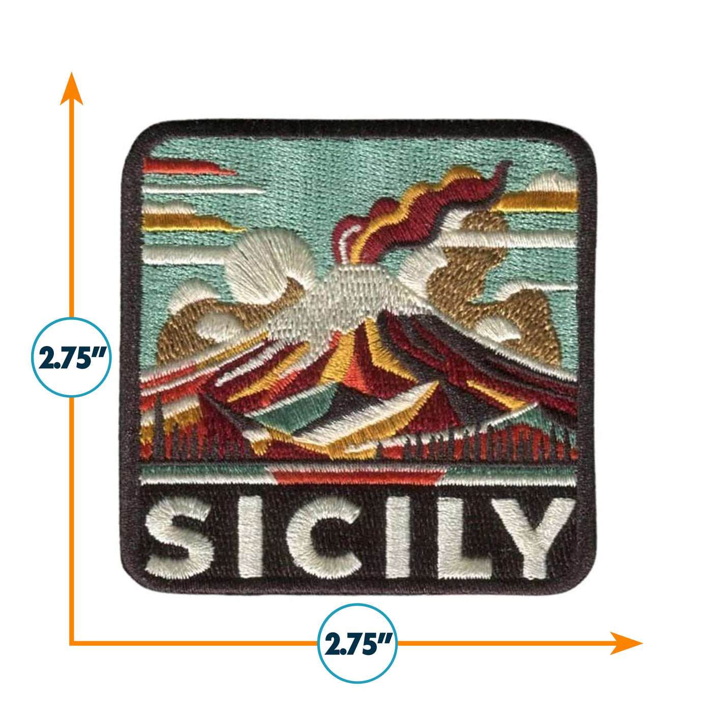 Sicily patch featuring colorful embroidered waves and mountains, measuring 2.75 inches square.