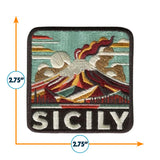 Sicily patch featuring colorful embroidered waves and mountains, measuring 2.75 inches square.
