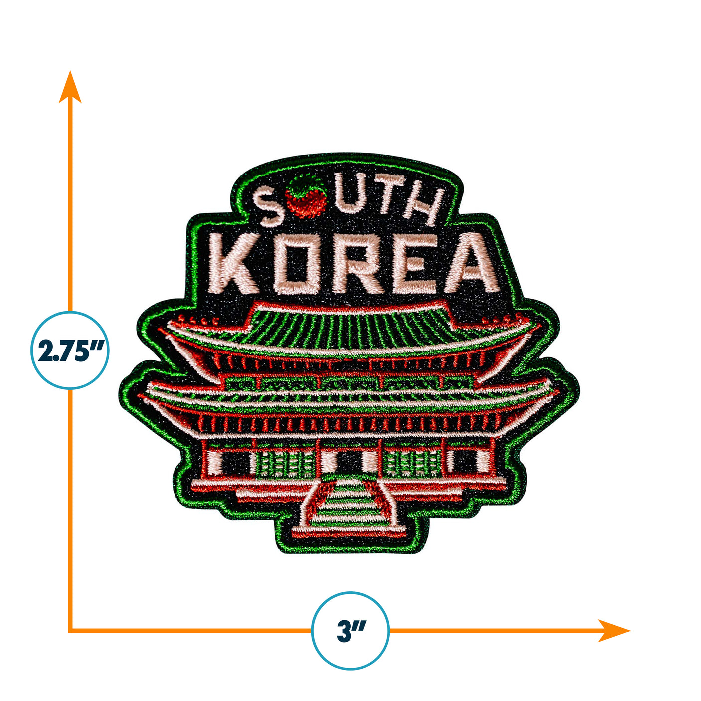 Embroidered patch of South Korea with architectural design and measurements on a white background