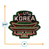Embroidered patch of South Korea with architectural design and measurements on a white background