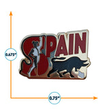 Spain enamel pin featuring a bull and a flamenco dancer, with bold red and black colors.