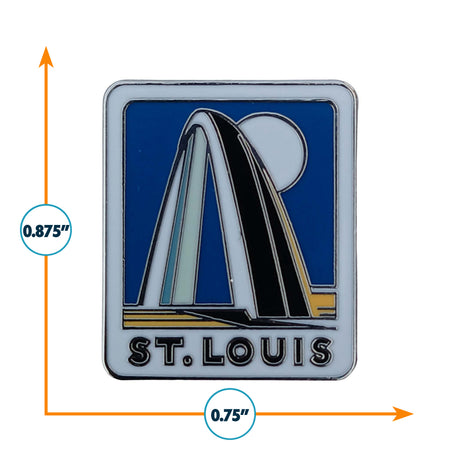 St. Louis, MO enamel pin featuring the Gateway Arch design with blue background and black, white, and gold accents.