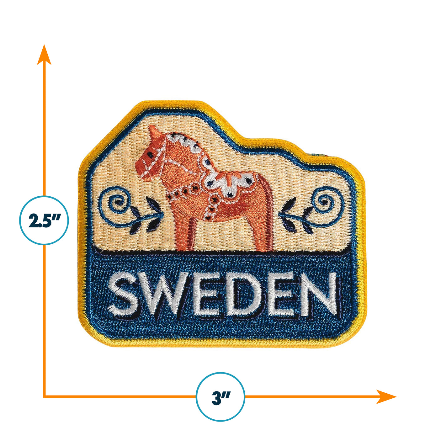 Embroidered patch with a horse design and 'Sweden' text, showing dimensions on a white background.