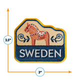 Embroidered patch with a horse design and 'Sweden' text, showing dimensions on a white background.