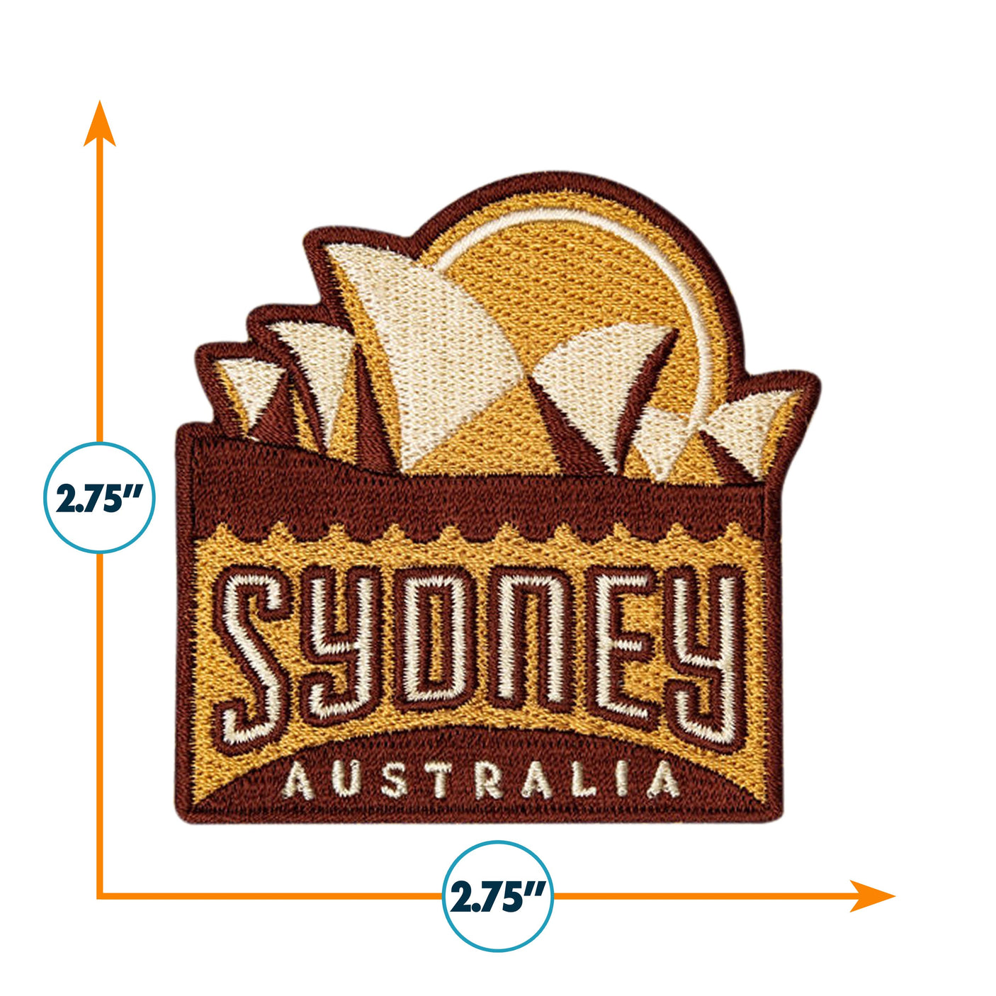 Sydney Australia patch featuring the Sydney Opera House in yellow and brown, measuring 2.75 inches square.