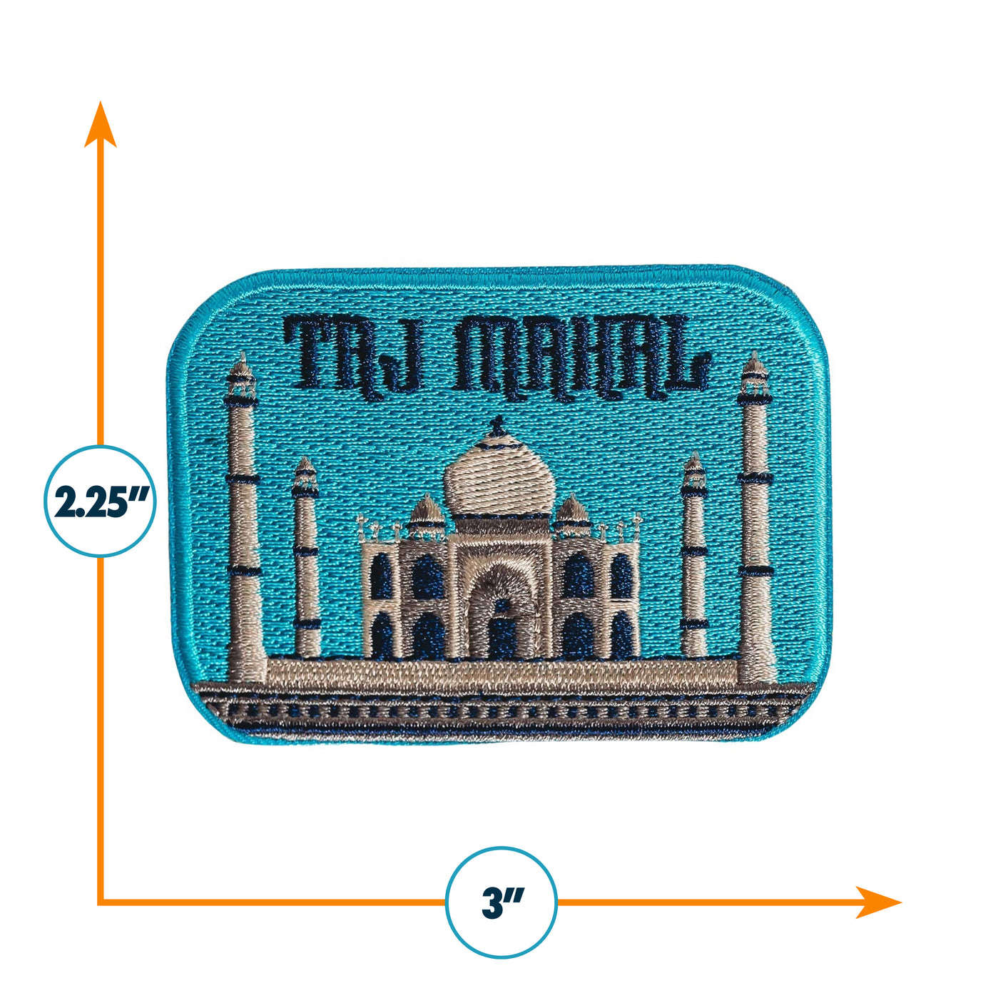 Embroidered patch of the Taj Mahal with dimensions on a white background