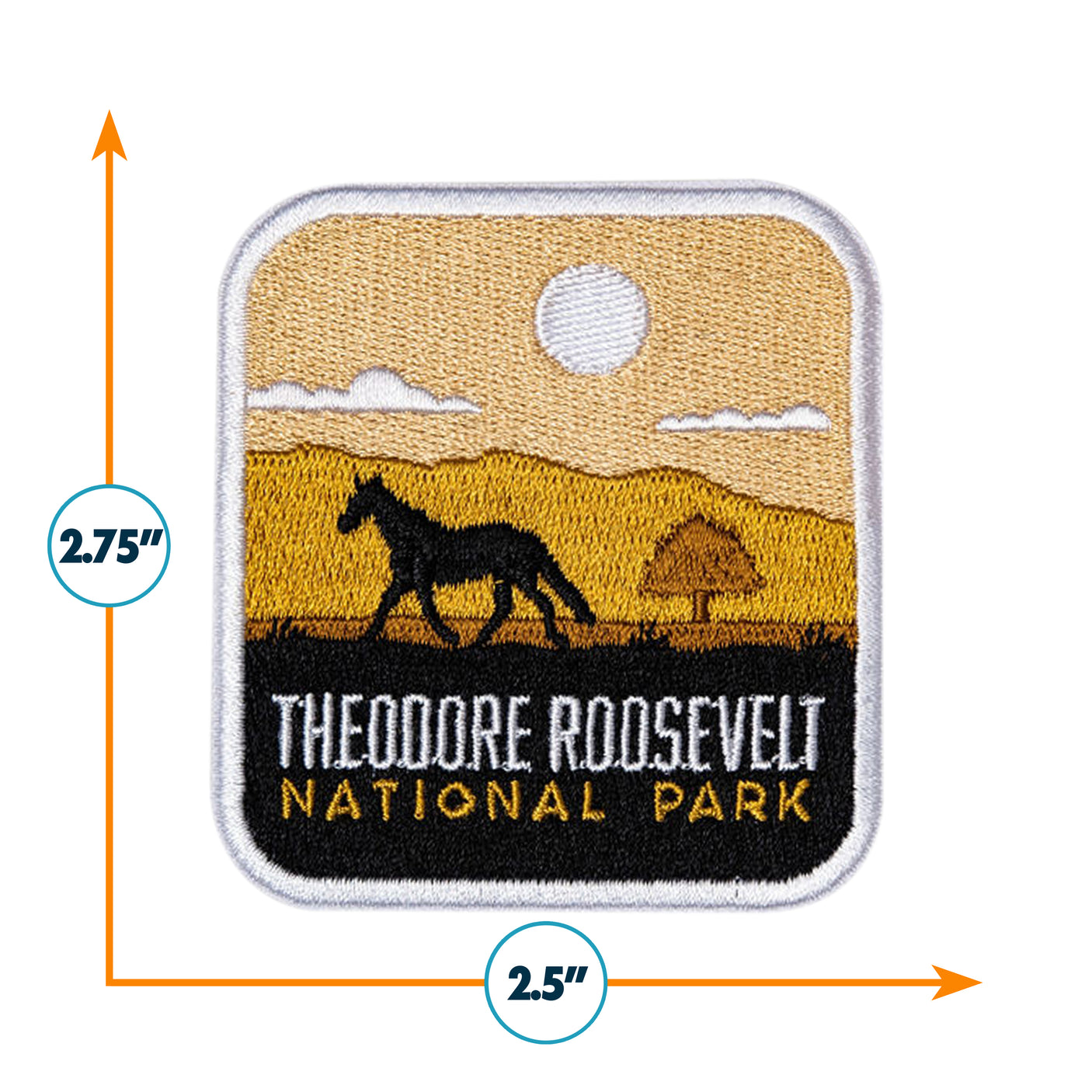 Theodore Roosevelt National Park patch featuring a silhouette of a horse and a tree against a yellow background.