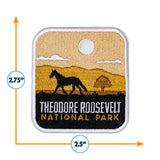 Theodore Roosevelt National Park patch featuring a silhouette of a horse and a tree against a yellow background.