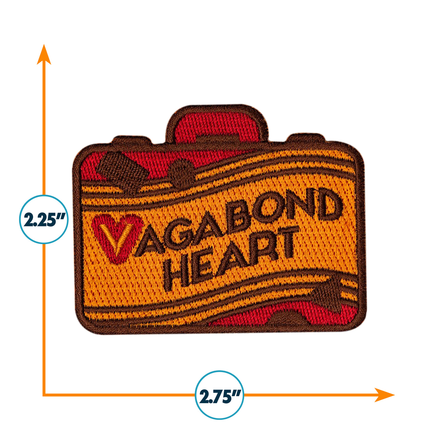 Vagabond Heart Wanderer patch featuring a suitcase design in orange and brown with embroidered text.