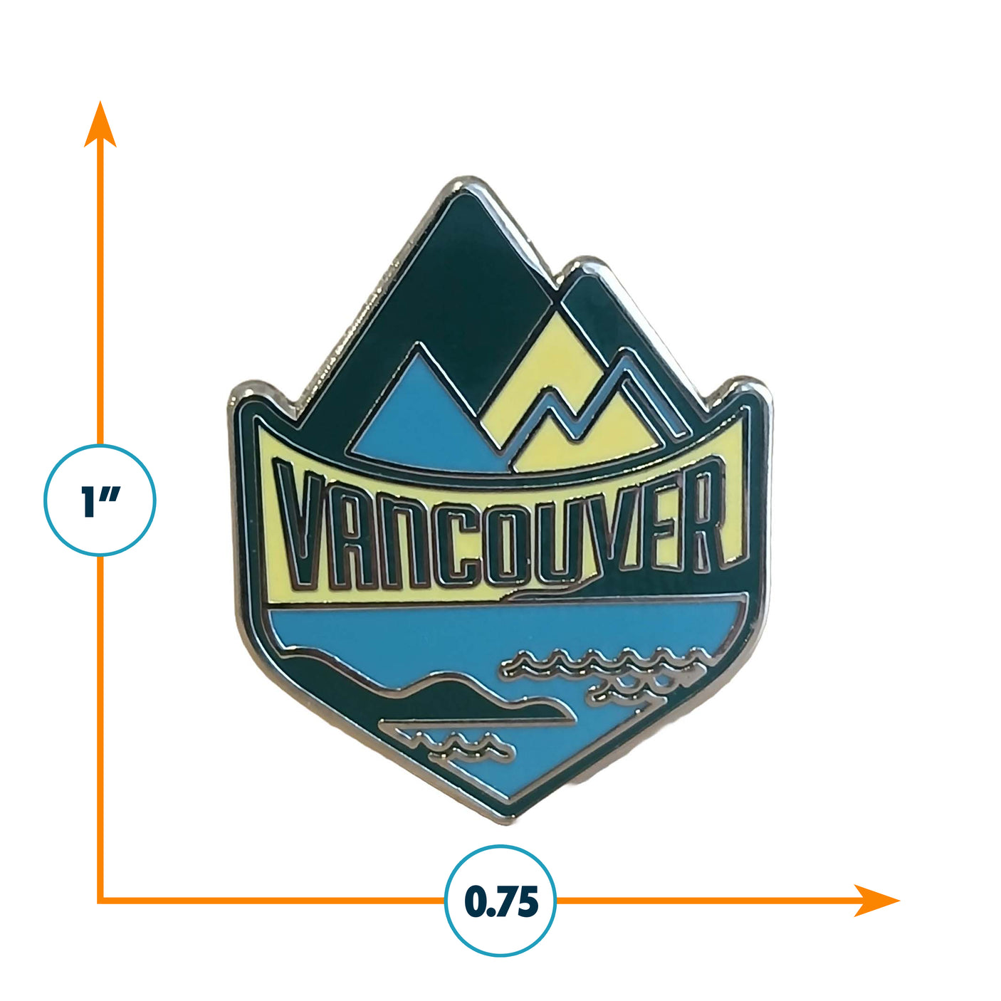 Vancouver British Columbia pin featuring mountains, water, and the city name in bold lettering.