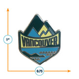 Vancouver British Columbia pin featuring mountains, water, and the city name in bold lettering.
