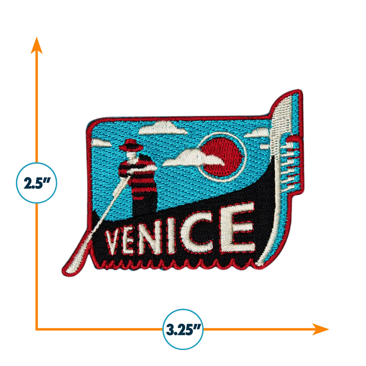 Venice Italy patch featuring a gondolier, blue background, and red accents, measuring 3.25 inches by 2.5 inches.