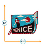 Venice Italy patch featuring a gondolier, blue background, and red accents, measuring 3.25 inches by 2.5 inches.