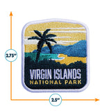 Virgin Islands National Park patch featuring palm trees, mountains, and a sunset in yellow and blue colors.