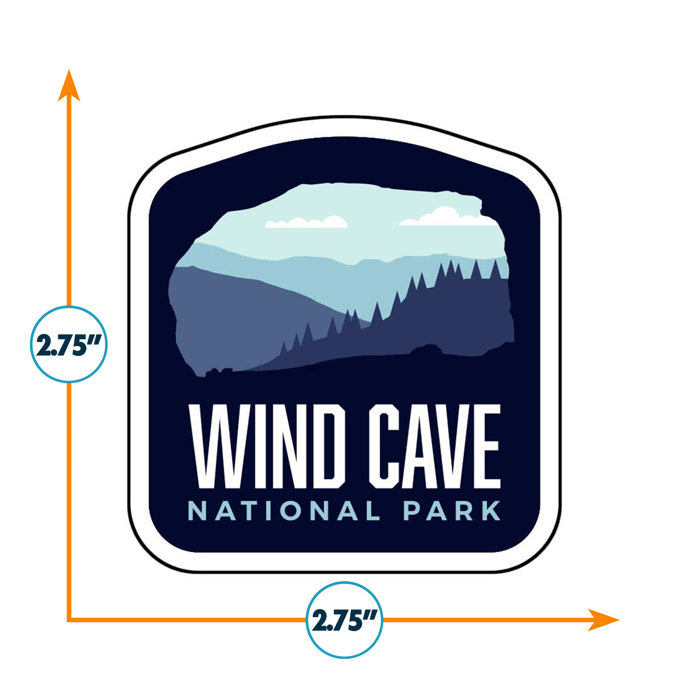 Wind Cave National Park sticker featuring a blue and white mountain landscape with text below in bold white letters.
