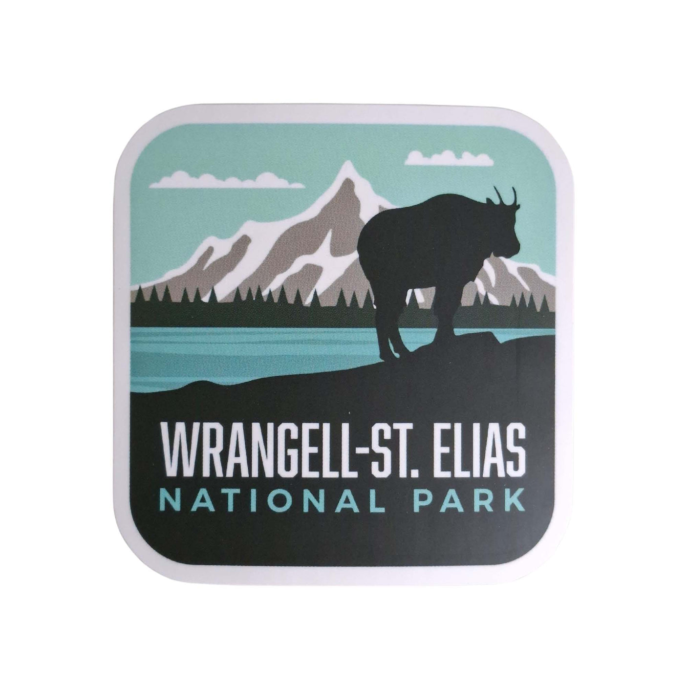 Wrangell - St. Elias National Park sticker featuring a mountain, moose silhouette, and teal background.