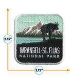 Wrangell - St. Elias National Park patch featuring mountains, a moose, and water, measuring 2.75 inches square.