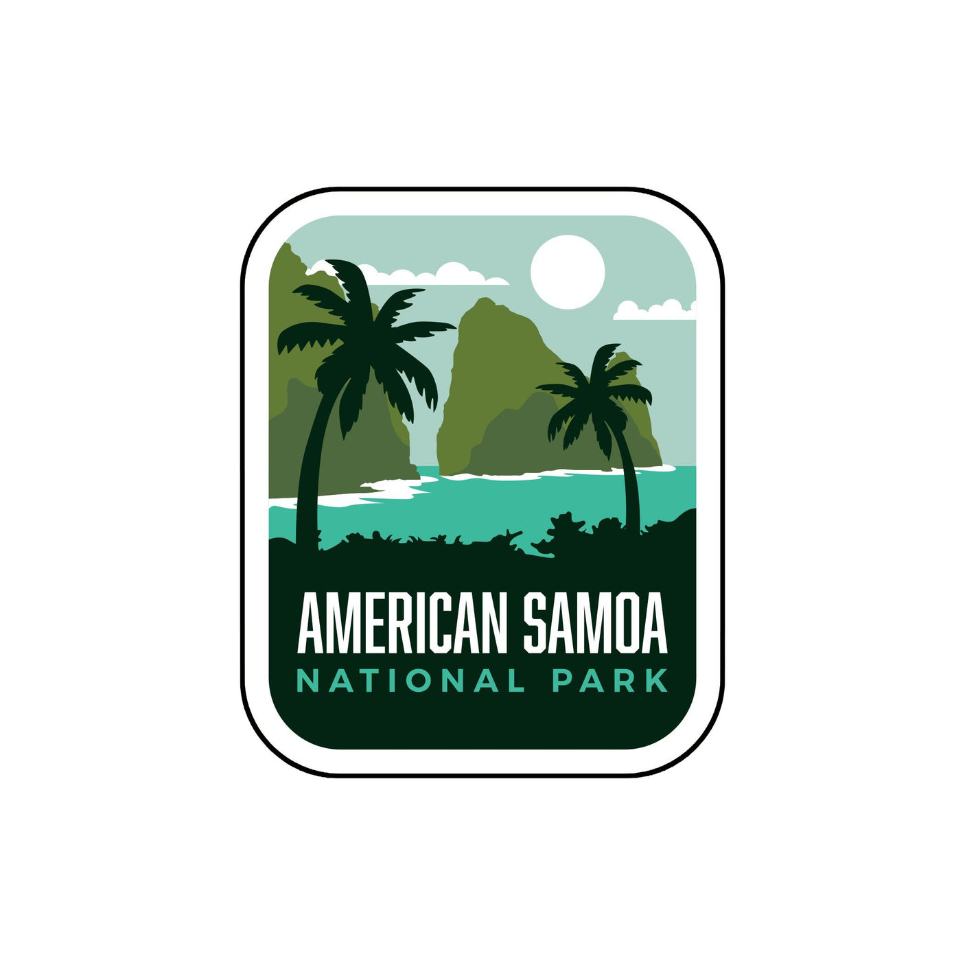 American Samoa National Park sticker featuring palm trees, mountains, and a sun over turquoise water.