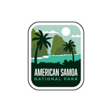 American Samoa National Park sticker featuring palm trees, mountains, and a sun over turquoise water.