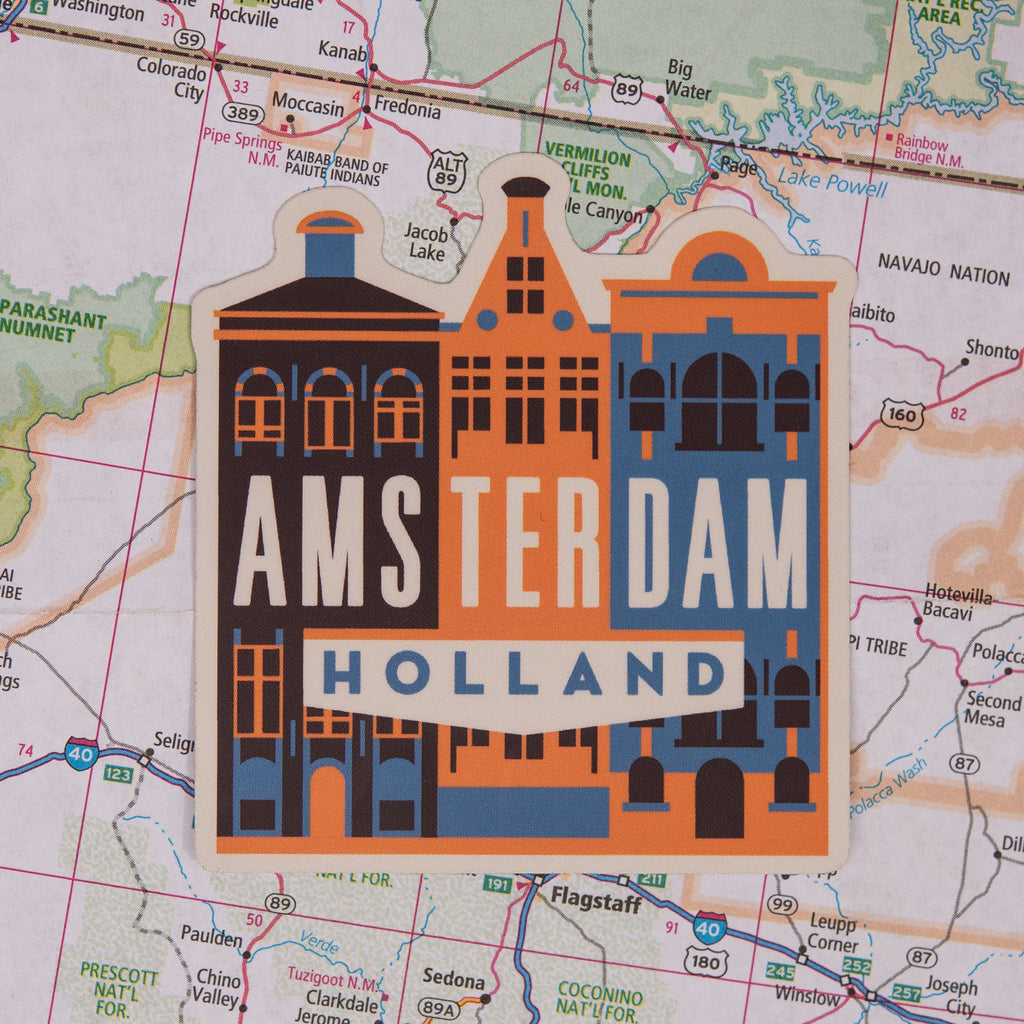 Amsterdam sticker on a map background