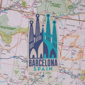 Barcelona sticker on a map background
