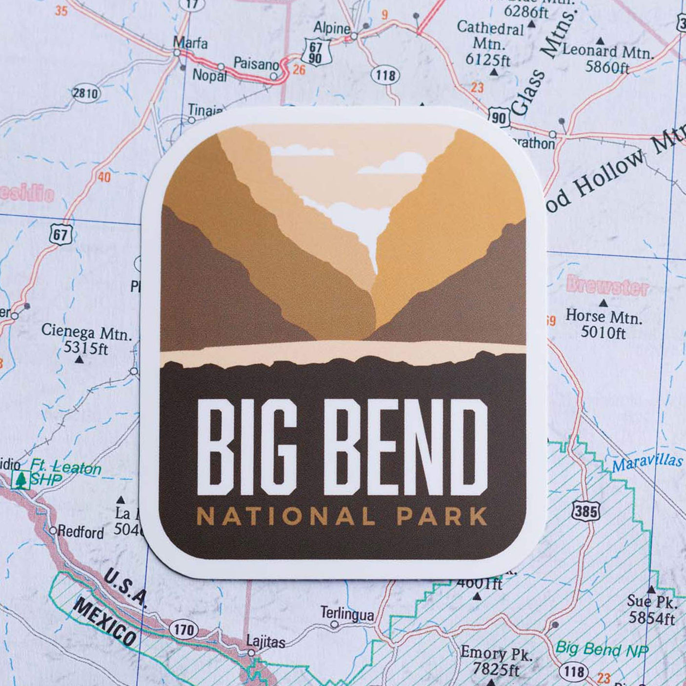 BONUS National Park sticker featuring a landscape design with mountains and the text "Big Bend National Park.