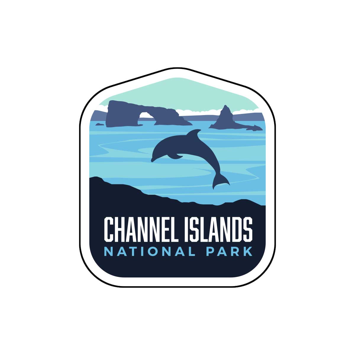 Channel Islands National Park sticker featuring a dolphin jumping over blue water and rocky cliffs in the background.